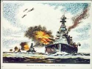 a painting of a ship firing a missile