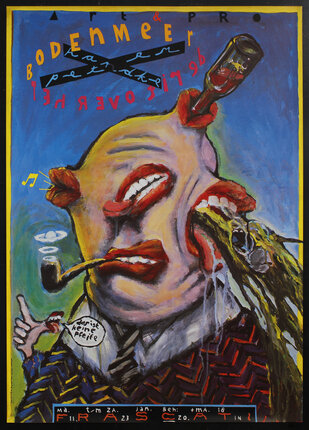 theater poster with a creepy surreal image of a head with many mouths engaged in smoking a pipe, drinking, vomiting and whistling 