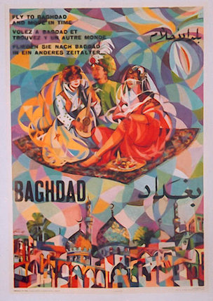 a poster with a group of people sitting on a carpet