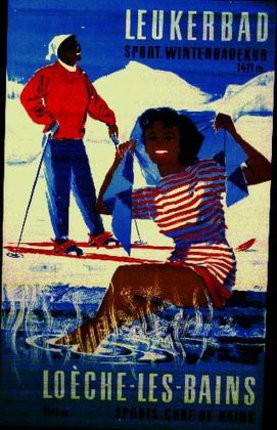 a woman holding a flag and a man on a ski