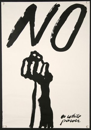 a black and white poster with a hand raised up