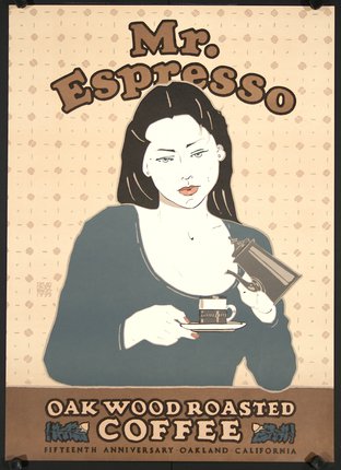 a poster of a woman holding a cup of coffee