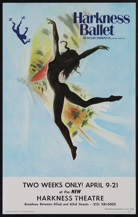 a poster the silhouette of a nude woman leaping through the air with a butterfly behind her.