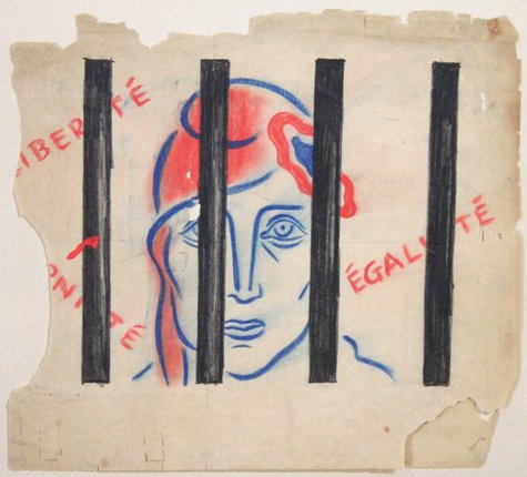 a piece of paper with a drawing of a woman behind bars