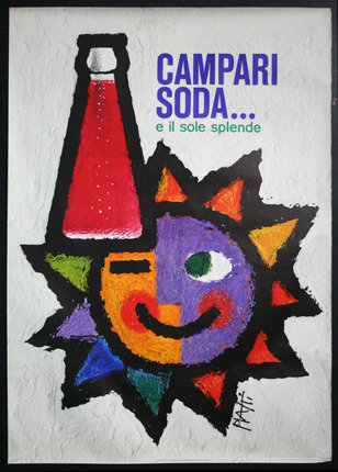 a poster of a sun with a red bottle and a sun
