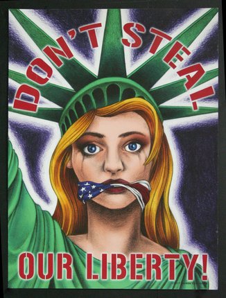 a poster of a woman with a statue of liberty