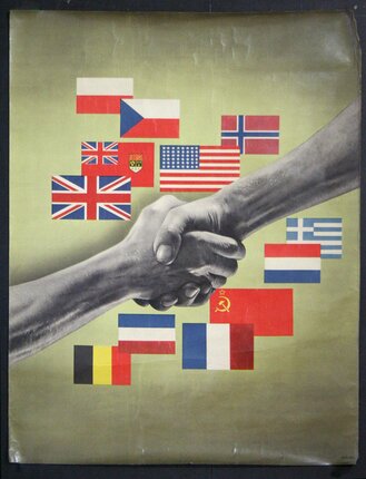 a poster with hands shaking and flags