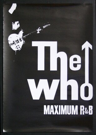 a black and white poster with a guitar and arrow