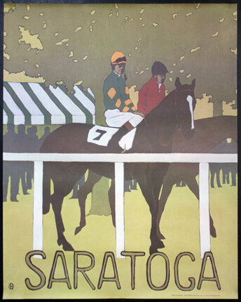 a poster with jockeys riding a horse