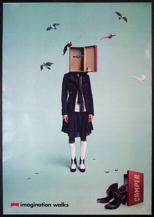 a poster of a woman with a box over her head