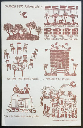 a poster with drawings of people and objects