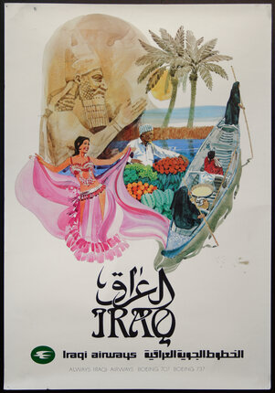 a poster with a woman in a pink dress and a man in a boat