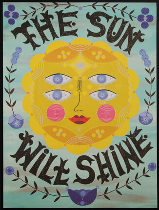 a poster with a sun face and text