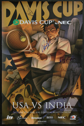 a poster with a tennis player and a flag