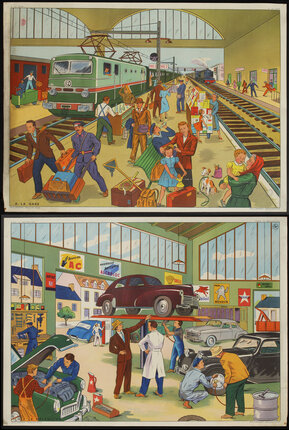 a collage of images of people in a station