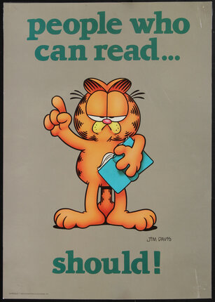 a poster of a cartoon cat holding a book