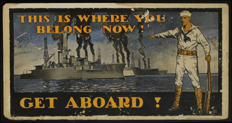 a poster of a man pointing at a ship