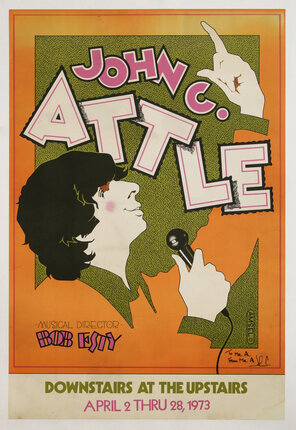 a poster of a man singing into a microphone