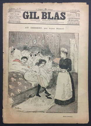 a newspaper with a woman serving a woman in bed