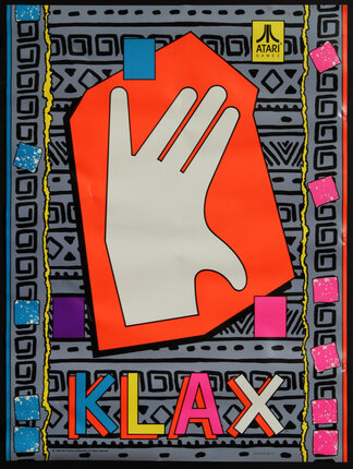 a poster with a hand and a red rectangle with colorful squares