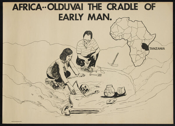 a poster of a man and a woman digging in the sand