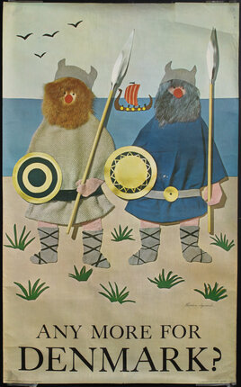 a poster with two men holding spears and a ship