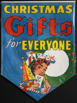 a blue banner with a woman holding a gift