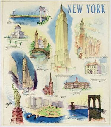 a poster with different buildings and bridges