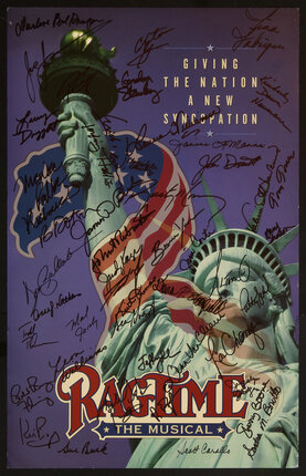 a poster with a statue of liberty and a flag