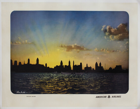 a poster of a city skyline