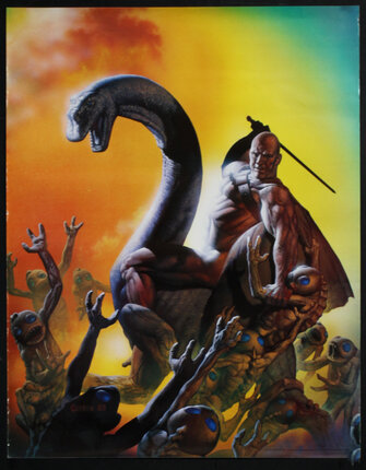 a poster of a man fighting a monster