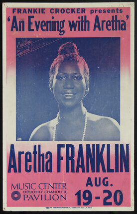 Poster with a smiling portrait of a woman (singer Aretha Franklin) with her hair in a bun.