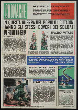 An Italian language newspaper-layout style poster with fascist headlines and illustrations of war.