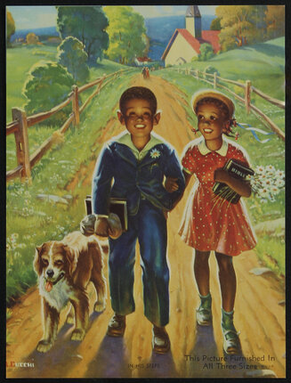 Illustration of two children holding bibles (a boy and girl) walking down a country road with a dog at their side. They are backlit in shadows and a church is in the distance.