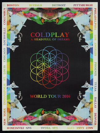 music coldplay tour poster with flower of life geometric pattern made of intersecting circles, various collaged images, and names of US cities in the borders.