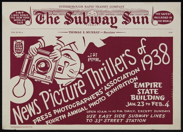 illustrated poster with a cartoon of an upside down photographer with a 1930s flashbulb camera and text