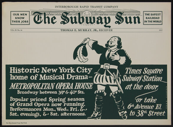 illustrated poster with a cartoon of a man in renaissance costume singing and text