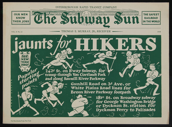 illustrated poster with cartoons of people hiking and text