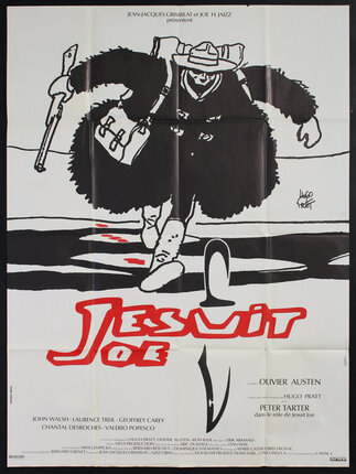 a movie poster with a cartoon drawing of a frontier explorer running in a bear skin coat holding a rifle with a backback and satchel.