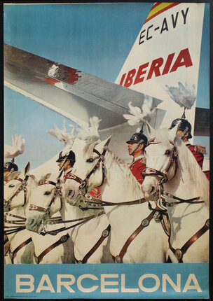 poster of riders on horses in front of an airplane