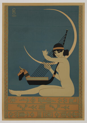 Illustration of a nude woman playing an arched harp with a ship base and a crescent moon behind her
