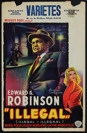 a movie poster illustration with a gangster with a cigar standing under street lights in a shadowy block with a blonde 