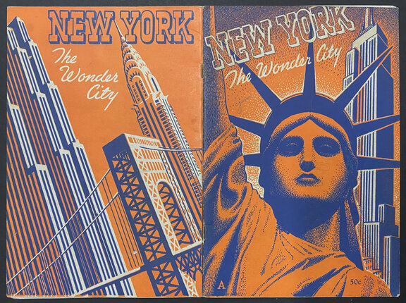 An open magazine with front and back covers showing. on the front is the statue of liberty on the back New York City buildings.