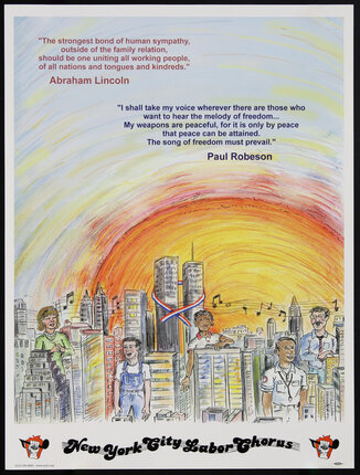 poster with quotes and an illustration of the New York city skyline in front of a radiating sky and people singing.