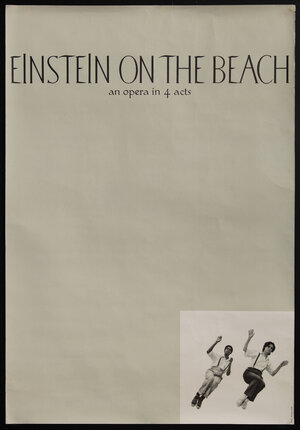 poster with mostly blank space but a small square in the corner with a photograph of Sheryl Sutton and Lucinda Childs tilted diagonally and sitting on invisible chairs with their arms in the air