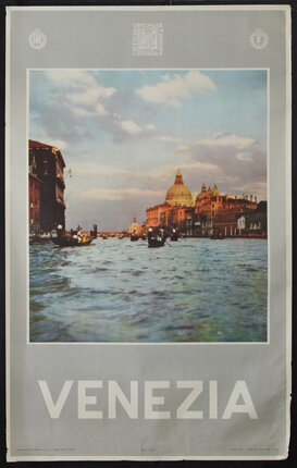 travel poster with photograph of gondolas on a canal in Venice