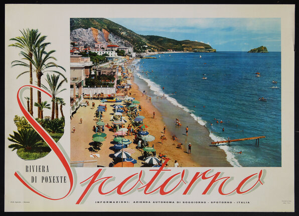 travel poster with an arial view of a beach and coastline