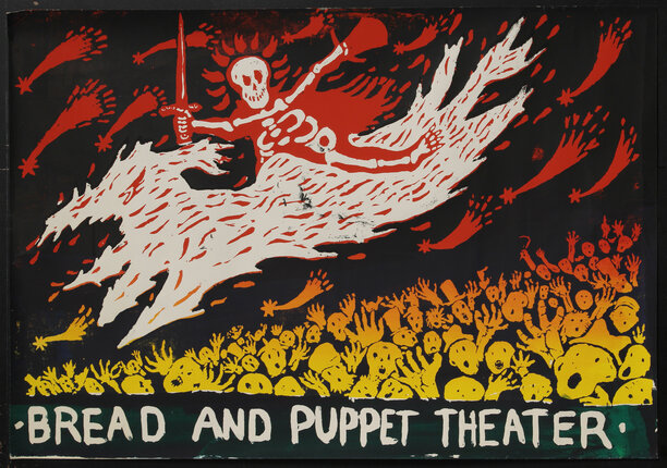 poster with an abstract illustration of a skeleton holding a sword riding a flaming creature over a sea of screaming faces and desperate hands reaching up