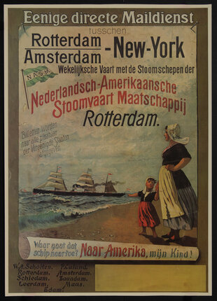 poster with text and a woman and child looking at transatlantic steamships on the ocean in the distance