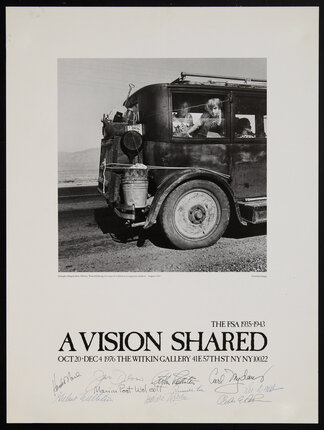 Poster with a black and white photograph of 1930s drought refugee children looking out from the back of a big automobile.